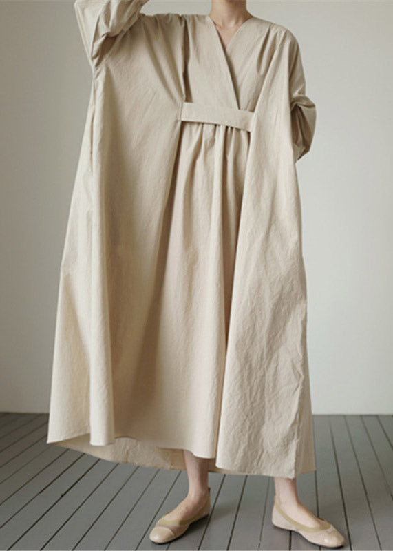 Beige V Neck Solid Wrinkled Cotton Dress Long Sleeve