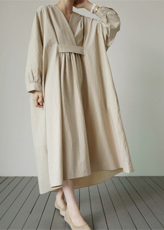 Beige V Neck Solid Wrinkled Cotton Dress Long Sleeve
