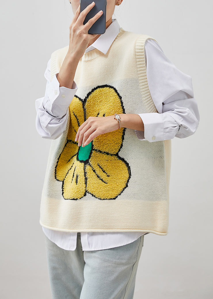 Beige Warm Knit Vests Floral Jacquard Spring