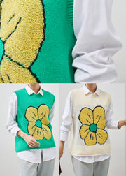 Beige Warm Knit Vests Floral Jacquard Spring