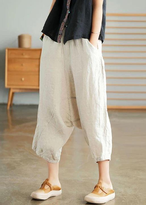 Beige Women Casual Solid Color Linen Pocket Pants - SooLinen