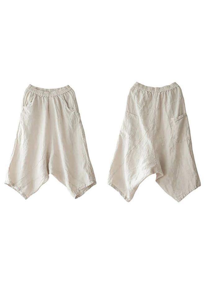 Beige Women Casual Solid Color Linen Pocket Pants - SooLinen