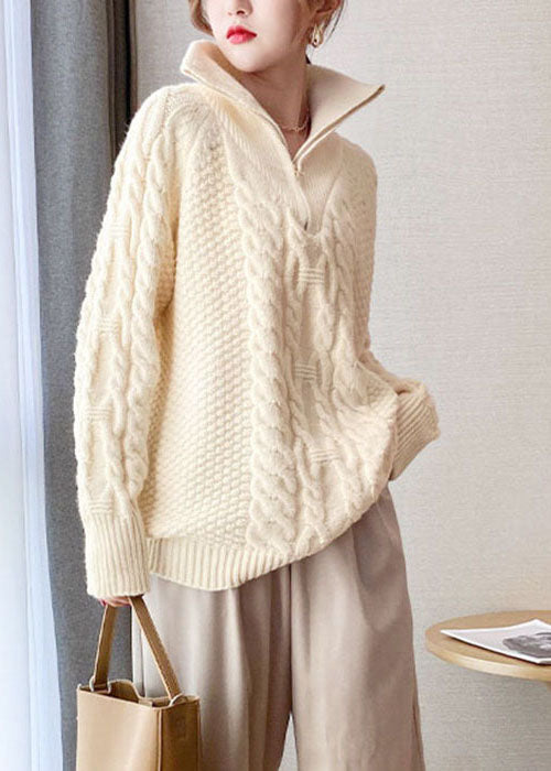 Beige thick Knit Sweater Tops Turtle Neck Spring