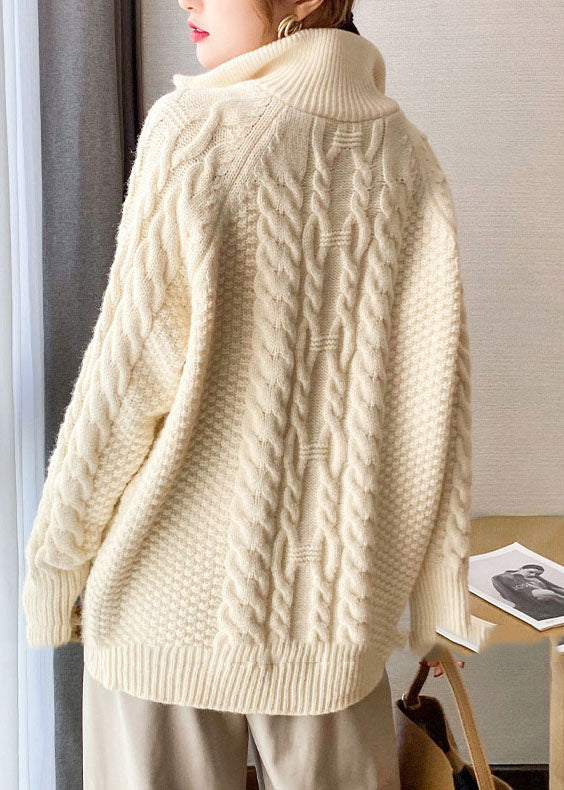 Beige thick Knit Sweater Tops Turtle Neck Spring