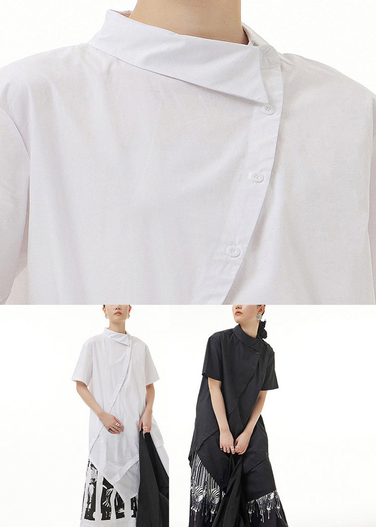 Black Asymmetrical Button Solid Cotton Maxi Shirts Short Sleeve