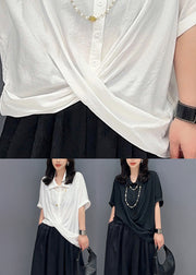 Black Asymmetrical Button Solid Shirts Short Sleeve