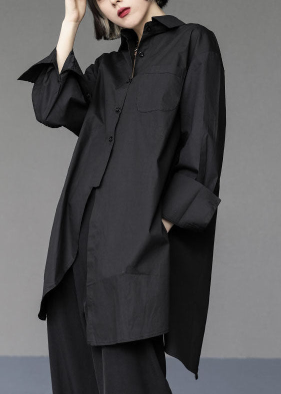 Black Asymmetrical Design Cotton Long Shirts Oversized Spring
