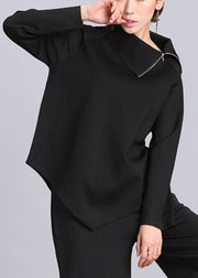 Black Asymmetrical Design Zippered Fall Blouse Tops Long Sleeve