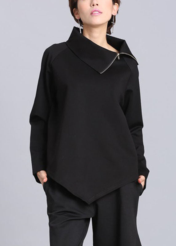 Black Asymmetrical Design Zippered Fall Blouse Tops Long Sleeve