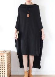 Black Backless Baggy Cotton Long Dress Low High Design Batwing Sleeve