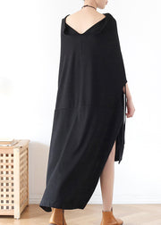 Schwarzes, rückenfreies, langes Kleid aus Baumwolle mit niedrigem, hohem Design und Fledermausärmeln