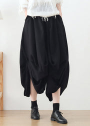 Haremshose aus schwarzer Baggy-Baumwolle, elastischer Bund, asymmetrischer Sommer