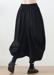 Black Baggy Cotton Harem Pants Elastic Waist Asymmetrical Summer