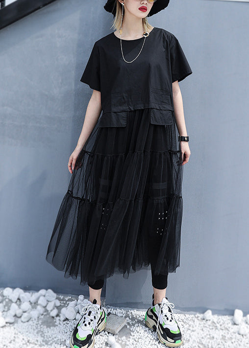 Schwarzes Baggy-Tüll-Patchwork-Kleid in A-Linie mit O-Ausschnitt und übergroßen kurzen Ärmeln