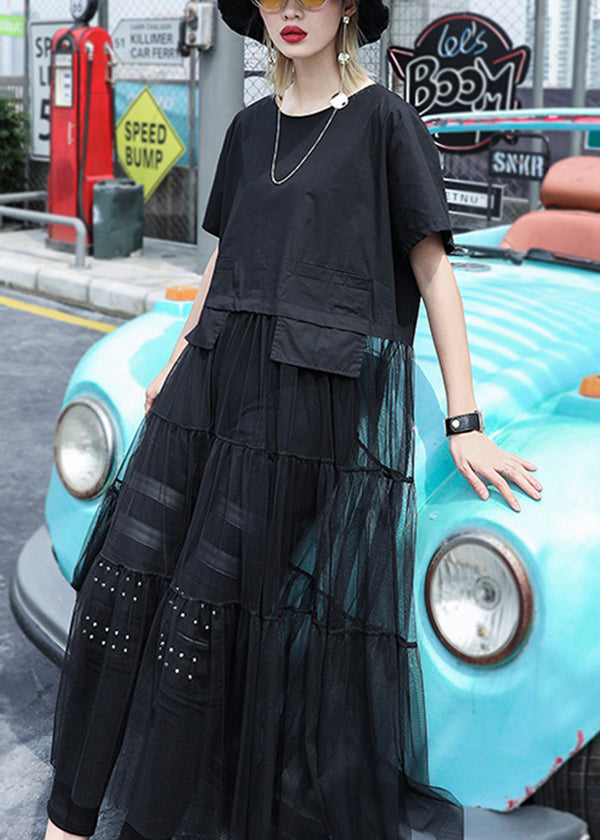 Schwarzes Baggy-Tüll-Patchwork-Kleid in A-Linie mit O-Ausschnitt und übergroßen kurzen Ärmeln
