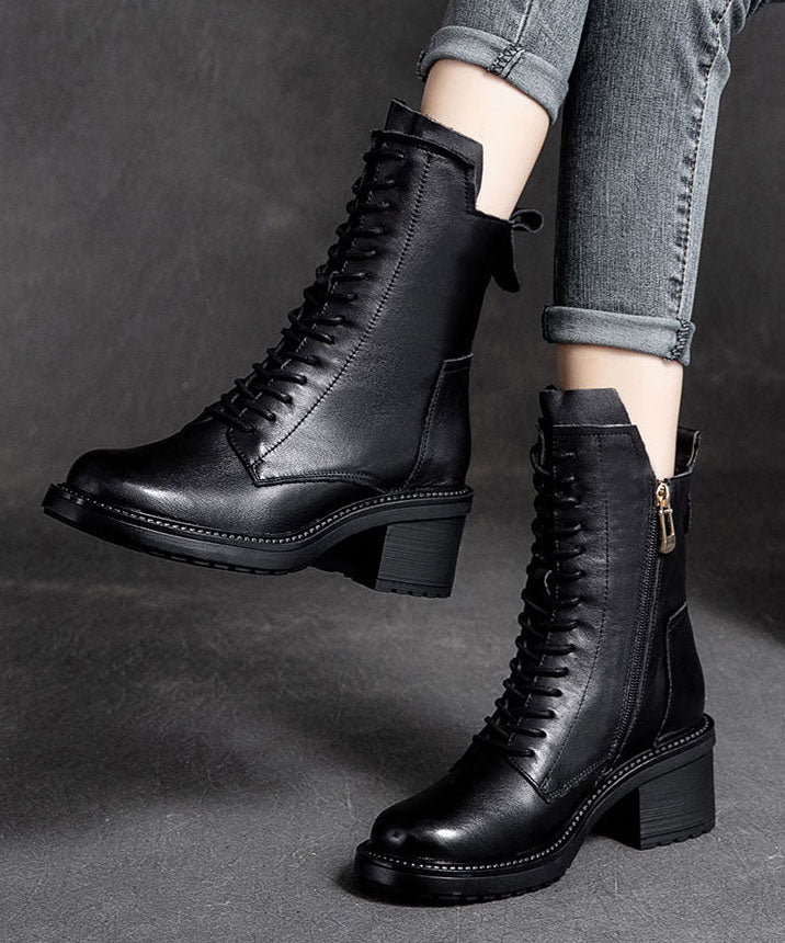 Black Biker Boots Chunky Zippered Cowhide Leather Casual Lace Up Boots