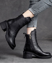 Black Biker Boots Chunky Zippered Cowhide Leather Casual Lace Up Boots