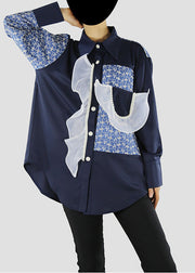 Black Blouses Ruffled Patchwork button pockets Spring