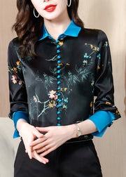 Black Blue Colour Patchwork Peter Pan Collar Button Silk Shirts Long Sleeve