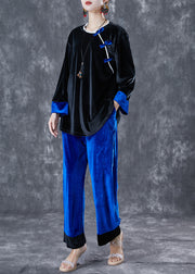 Black Blue Patchwork Silk Velour Two Pieces Set Oversized Chinese Button Spring