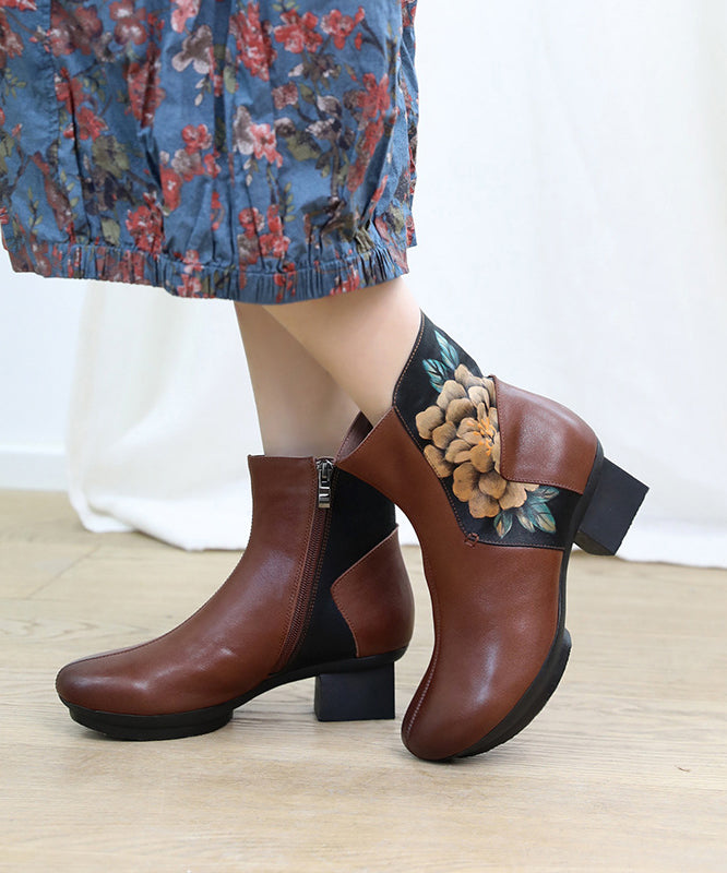 Black Boots Chunky Cowhide Leather Vintage Hand Drawn Floral
