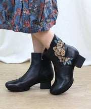 Black Boots Chunky Cowhide Leather Vintage Hand Drawn Floral