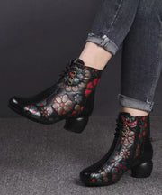 Black Boots Chunky Cowhide Leather Women Embossed Splicing