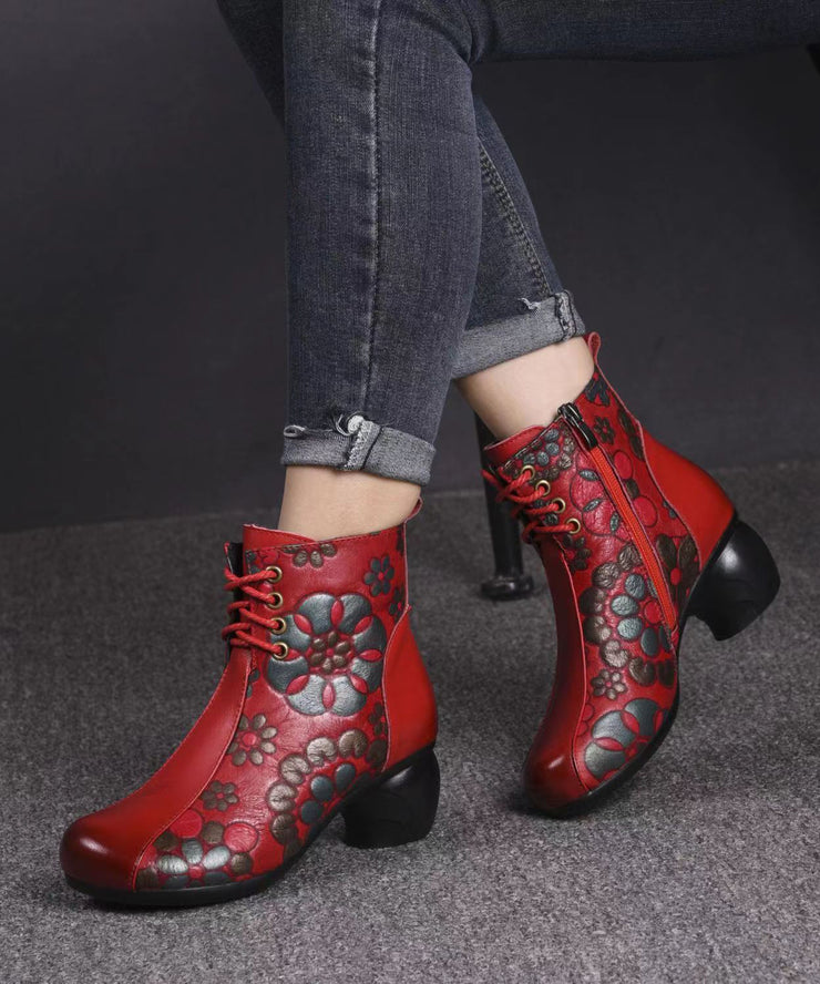 Black Boots Chunky Cowhide Leather Women Embossed Splicing