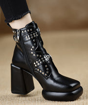 Black Boots Chunky Heel Cowhide Leather Stylish Rivet Zippered