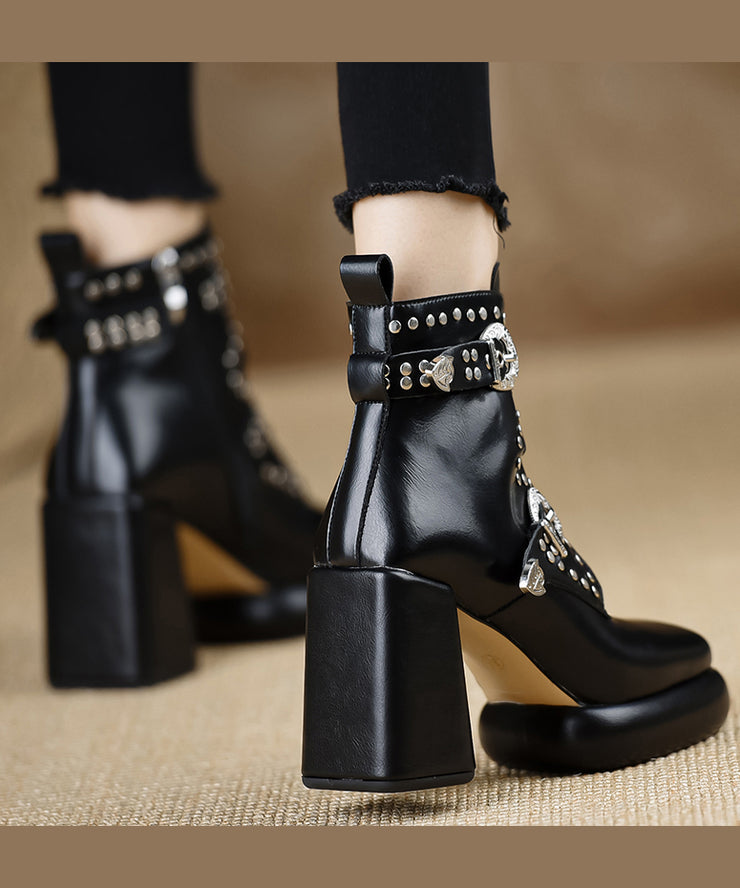 Black Boots Chunky Heel Cowhide Leather Stylish Rivet Zippered