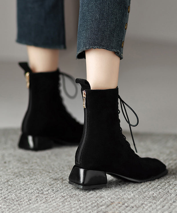 Black Boots Chunky Suede Unique Soft Cross Strap Splicing
