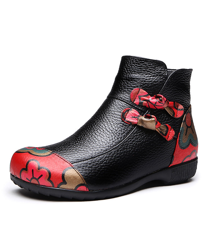 Black Boots Cowhide Leather Handmade Splicing Print