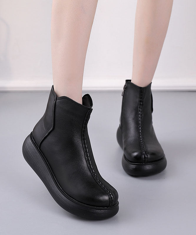 Black Boots Platform Cowhide Leather Simple Boots