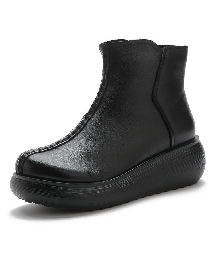 Black Boots Platform Cowhide Leather Simple Boots