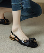 Black Bow Flat Shoes Cowhide Leather Soft Flat Shoes