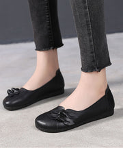 Black Bow Flat Shoes For Women Handmade Cowhide Leather Flat Shoes