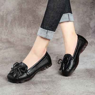 Black Bow Flat Shoes Genuine Leather Handmade  Flat Shoes - SooLinen