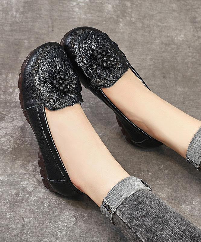 Black Bow Flat Shoes Genuine Leather Handmade  Flat Shoes - SooLinen