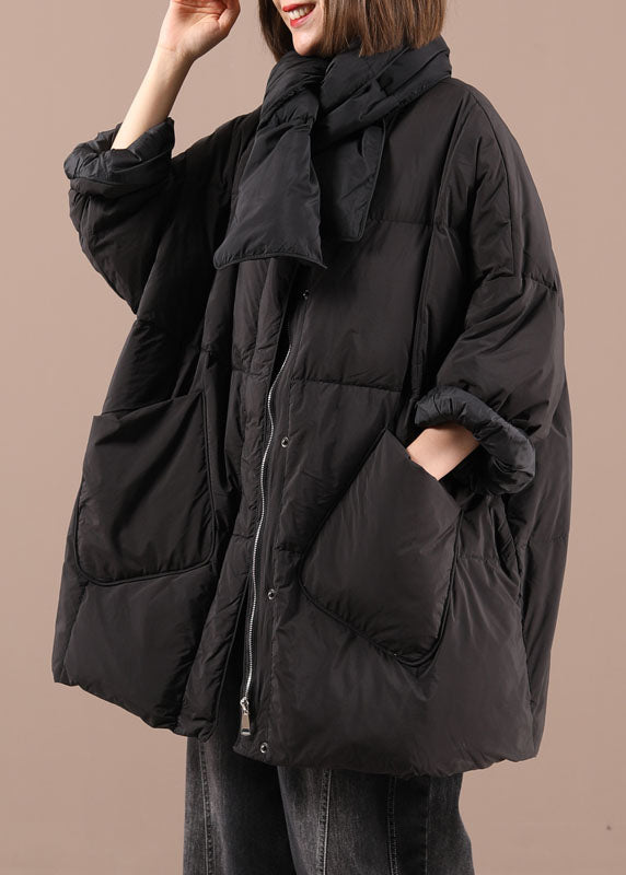 Black Bow Pockets zippered Winter Duck Down Coat Long Sleeve