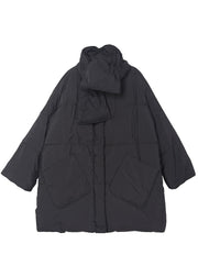 Black Bow Pockets zippered Winter Duck Down Coat Long Sleeve