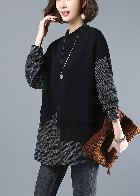 Black Button Fake Two Pieces Sweatshirt Long Sleeve
