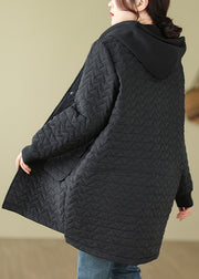 Black Button Patchwork Cotton Filled Parka Hooded Fall