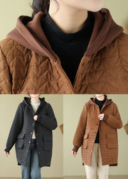 Black Button Patchwork Cotton Filled Parka Hooded Fall