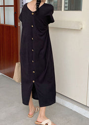 Black Button Patchwork Knit Maxi Dresses O Neck Summer