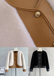 Black Button Patchwork Leather And Fur Coats V Neck Winter