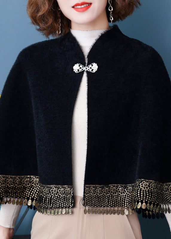 Black Button Patchwork Loose Mink Velvet Coats Tasseled Batwing Sleeve