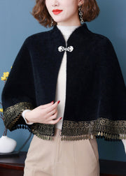 Black Button Patchwork Loose Mink Velvet Coats Tasseled Batwing Sleeve