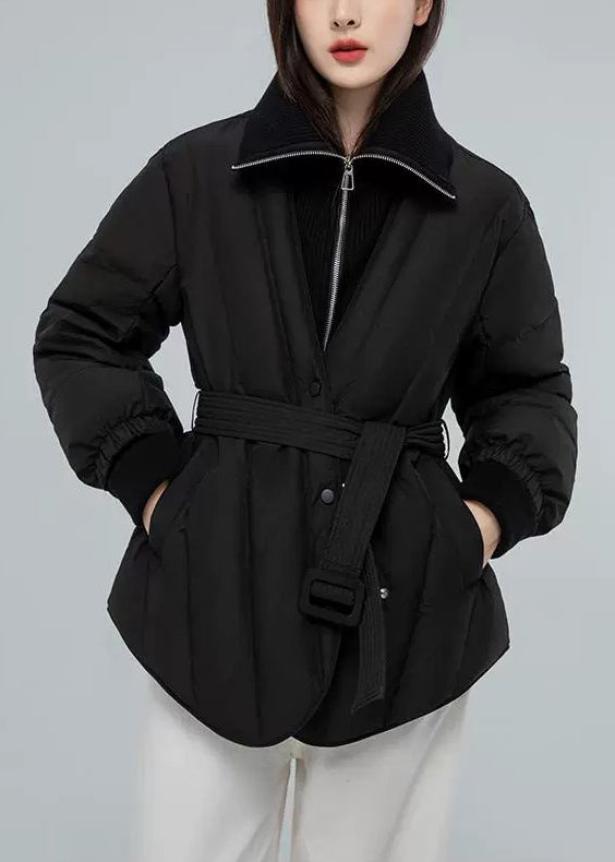 Black Button Pockets Patchwork Duck Down Down Coat Zip Up Long Sleeve
