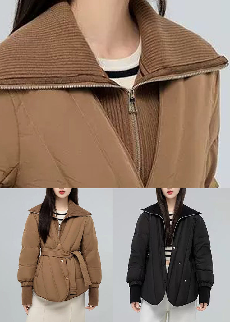 Black Button Pockets Patchwork Duck Down Down Coat Zip Up Long Sleeve