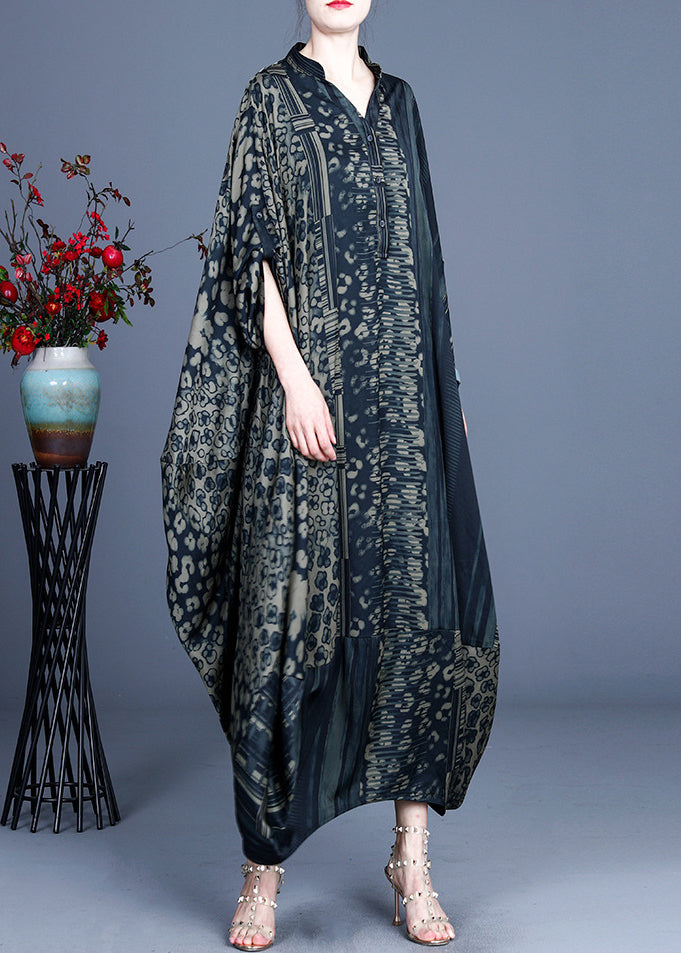 Black Button Silk Long Dresses Asymmetrical Design Short Sleeve